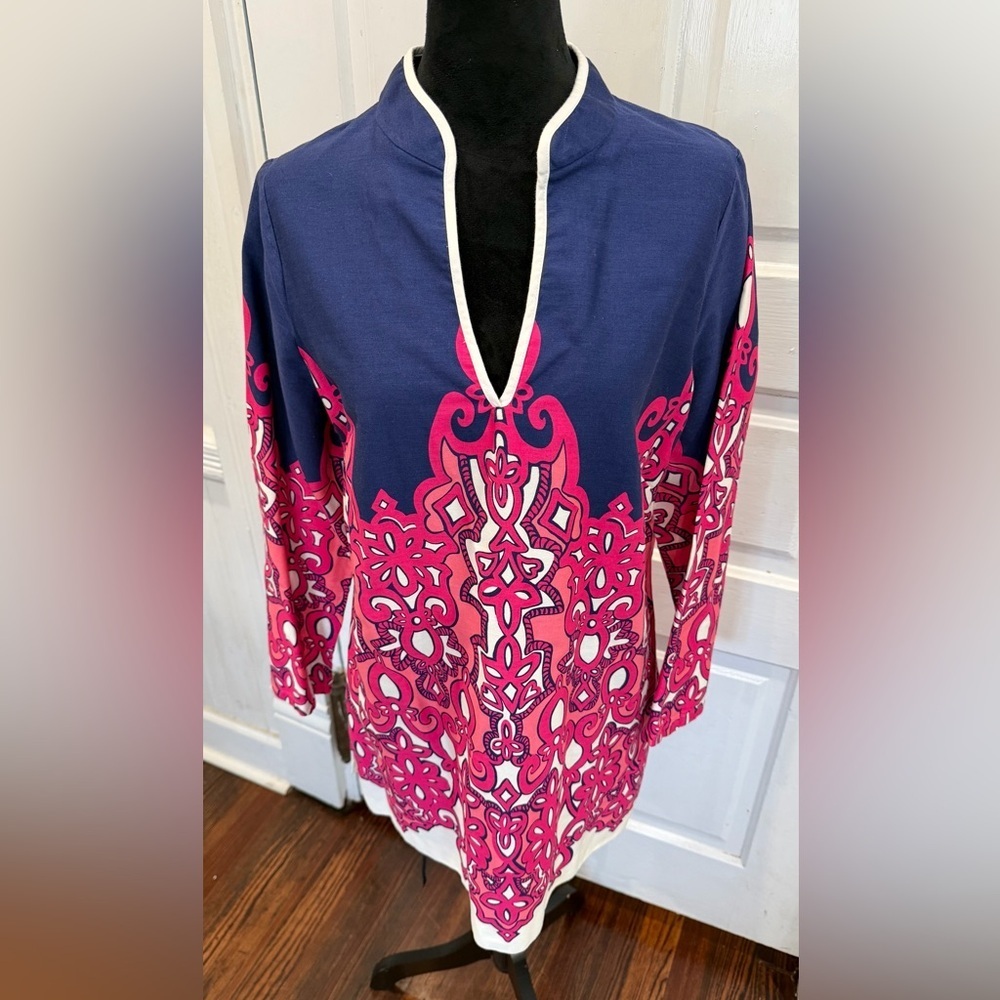 Lilly Pulitzer Geometric Cotton VNeck Tunic Rn 881189 Sz L Preppy Spring Classic